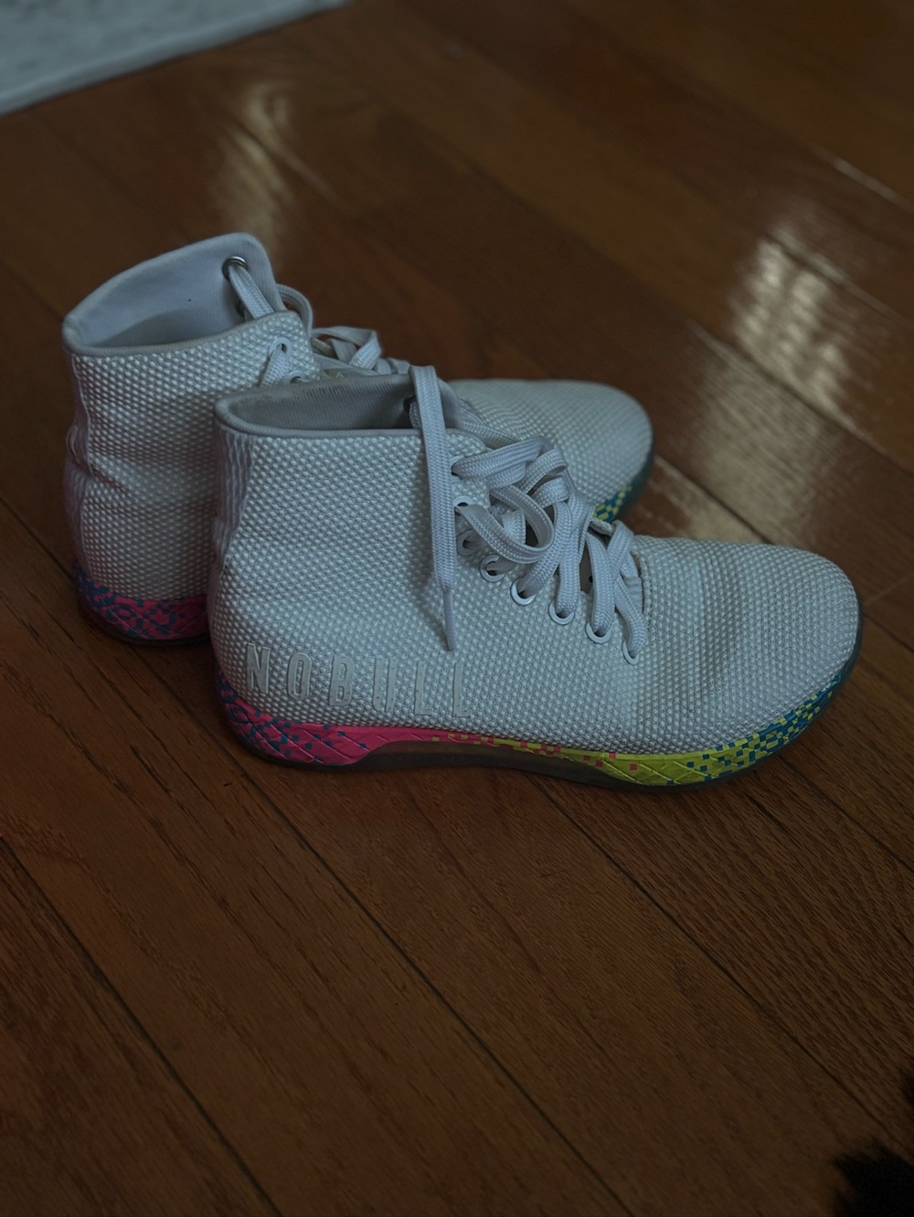 NOBULL Kids White High-Top Sneakers with Rainbow Accent Sole
